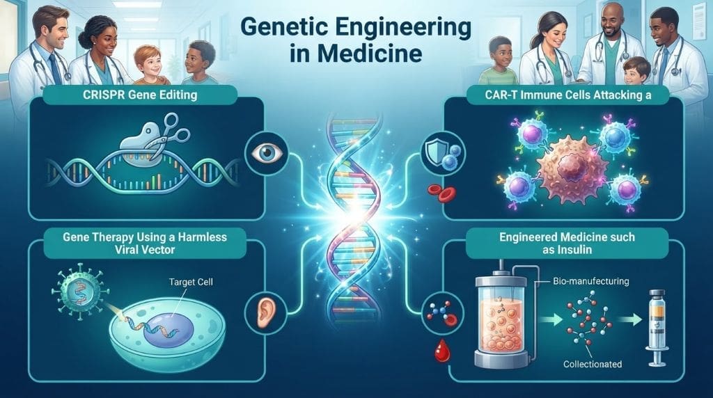 Illustration showing genetic engineering treatments including CRISPR, gene therapy, CAR-T cells, and engineered medicines.