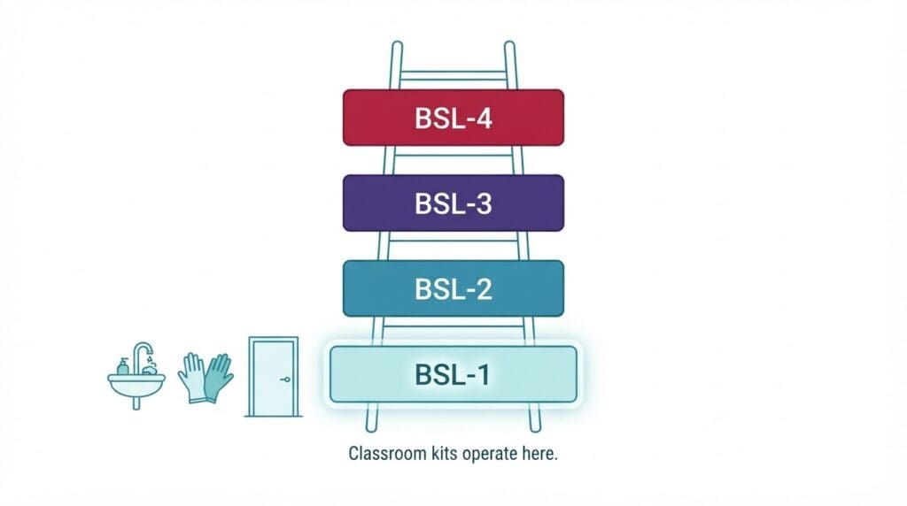 Biosafety level diagram showing BSL-1 as the classroom-safe tier for student CRISPR experiments.