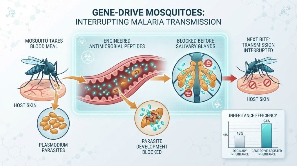 Infographic showing engineered mosquitoes reducing malaria parasite development and spreading an anti-malaria trait through inheritance.