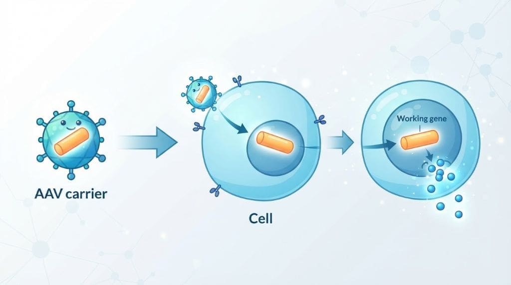Diagram showing an AAV vector delivering a working gene into a human cell.