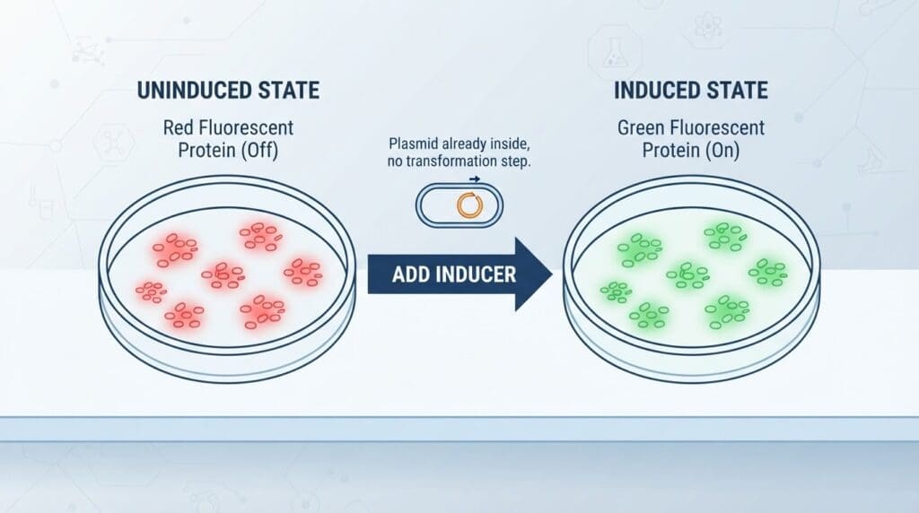 Diagram showing bacterial colonies changing from red to green fluorescence after a CRISPR gene edit.
