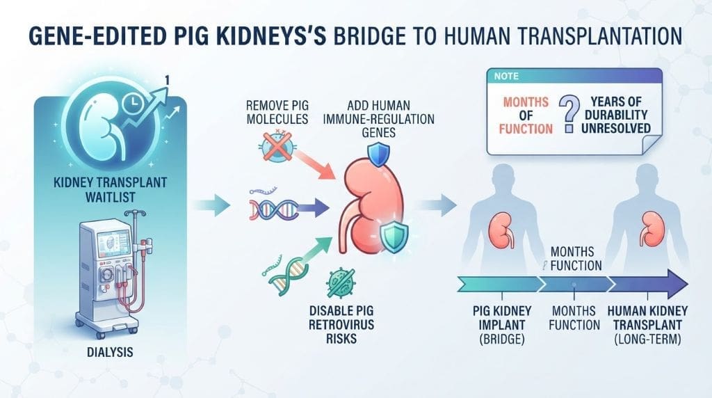 Educational infographic showing how gene-edited pig kidneys may help patients while they wait for a human kidney transplant.