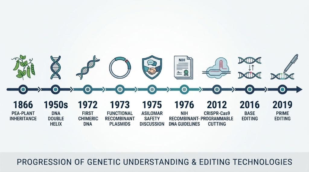 Timeline infographic of genetic engineering history from Mendel’s 1866 pea-plant experiments to CRISPR, base editing, and prime editing