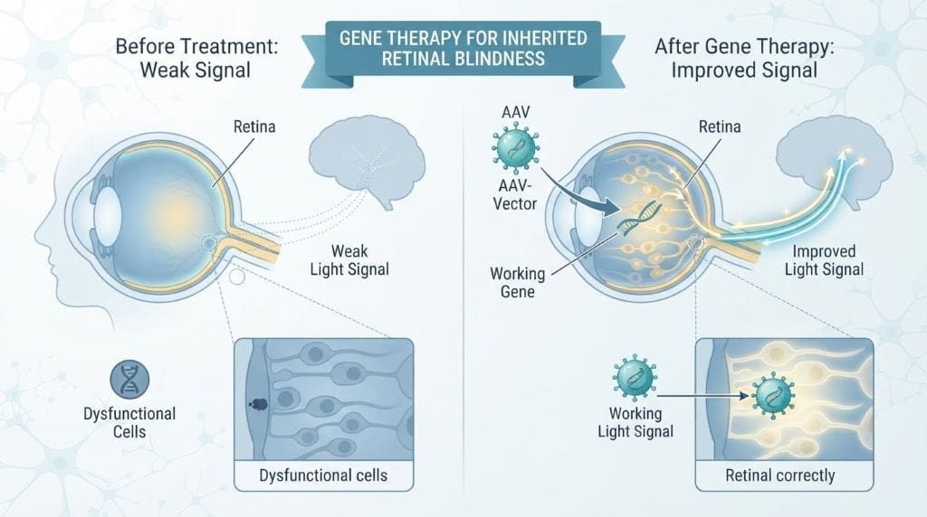 Illustration showing gene therapy delivering a working gene to retinal cells in the eye.