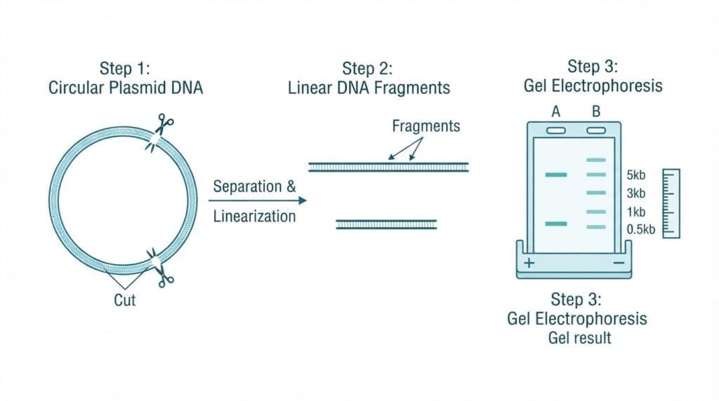 Diagram of a cell-free CRISPR DNA cut confirmed by gel electrophoresis band pattern.