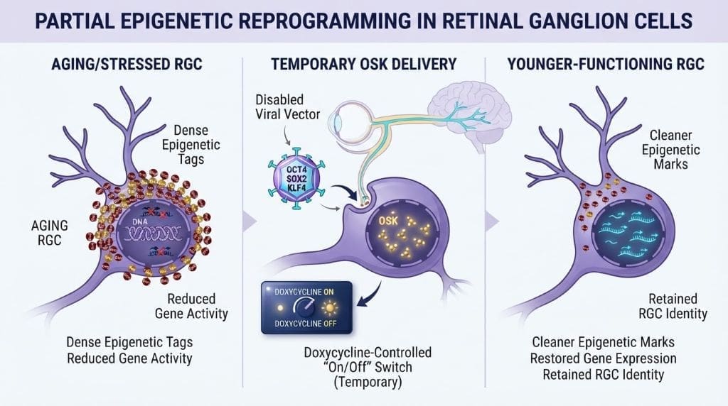 Diagram showing temporary OSK factor delivery partially resetting epigenetic marks in retinal nerve cells.