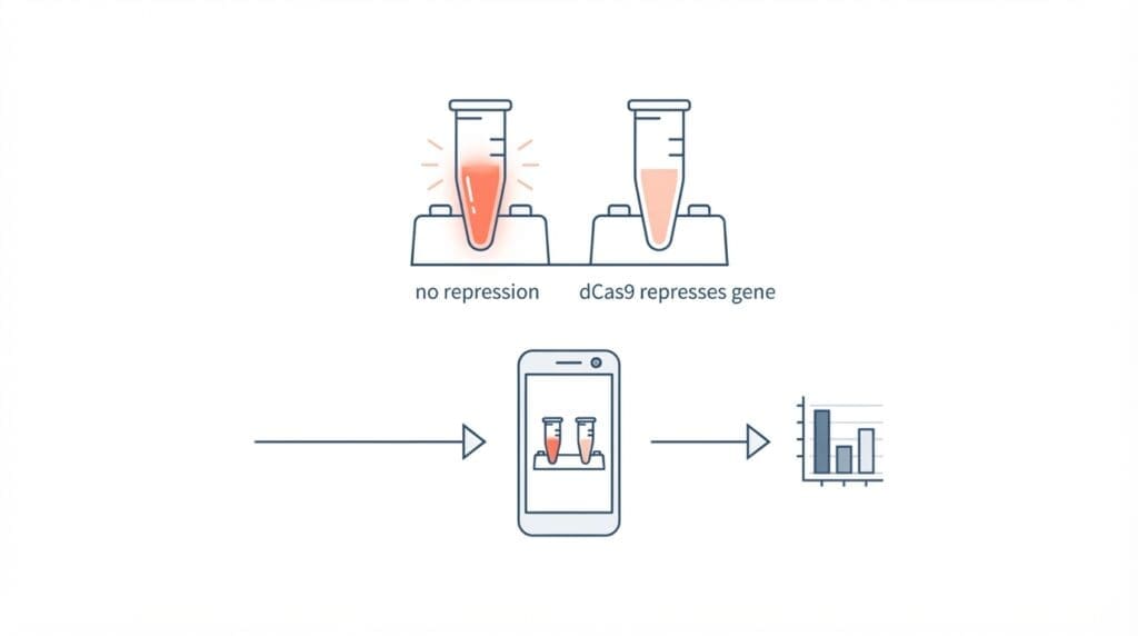 Diagram showing color change from CRISPRi gene repression analyzed with a smartphone photo.