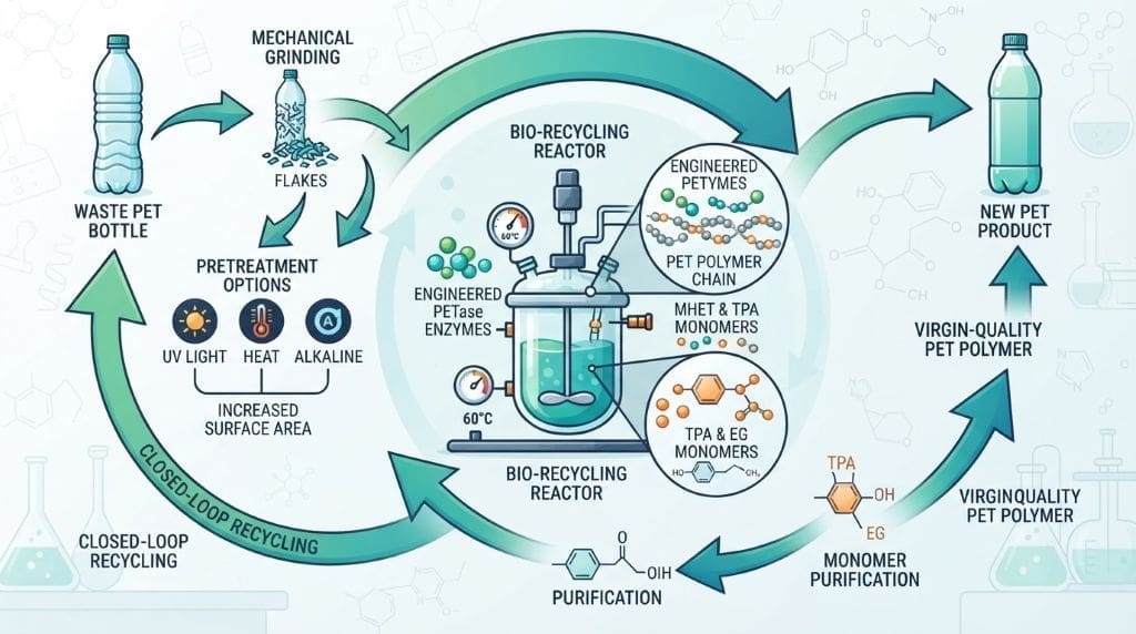 Circular infographic showing engineered PETase and MHETase enzymes breaking PET plastic into reusable chemical building blocks.