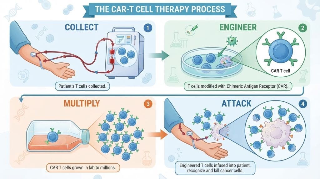 Infographic showing T cells being collected, engineered, multiplied, and returned to attack cancer cells.
