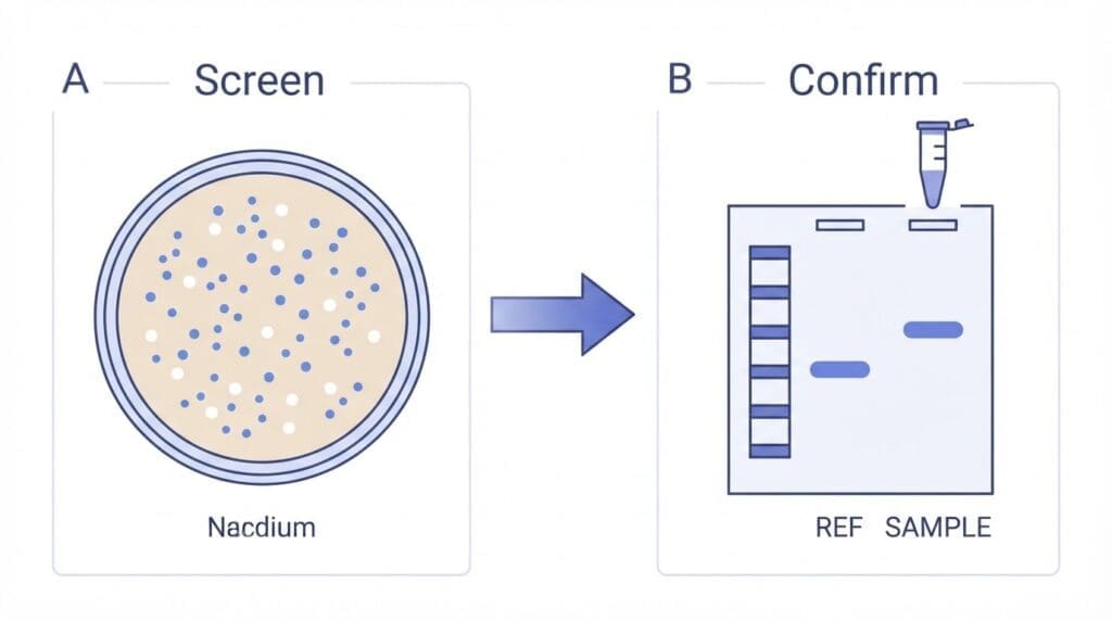 Two-panel diagram of blue-white colony screening followed by PCR genotyping confirmation.