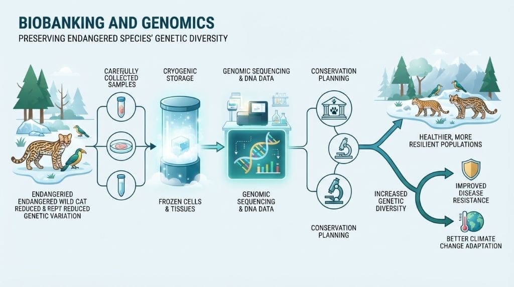 Infographic showing tissue collection, cryogenic biobanking, genomic analysis, and conservation planning for endangered species.