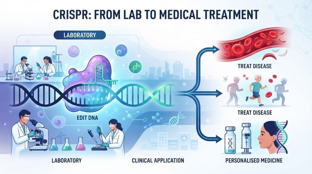 Illustration showing CRISPR editing DNA and leading to medical treatments.