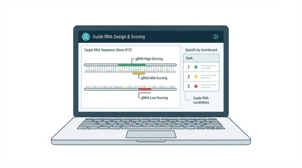 Illustration of a computer screen showing color-coded CRISPR guide RNA candidates for design software.