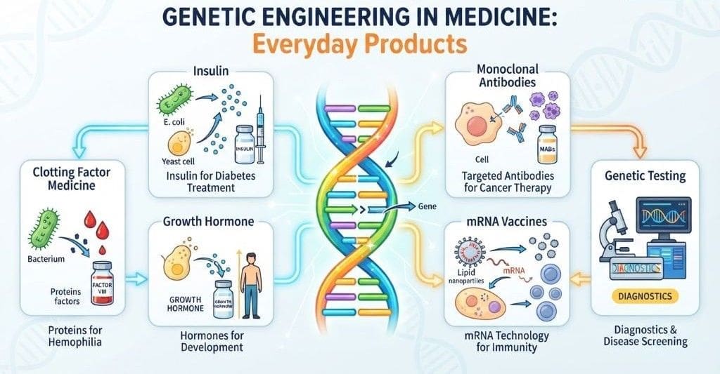 Infographic showing insulin, vaccines, diagnostics, and biologic medicines made using genetic engineering.