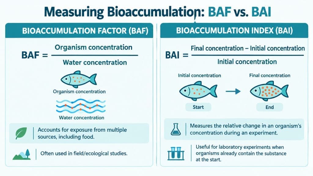 Side-by-side comparison of the bioaccumulation factor and bioaccumulation index measurement methods.