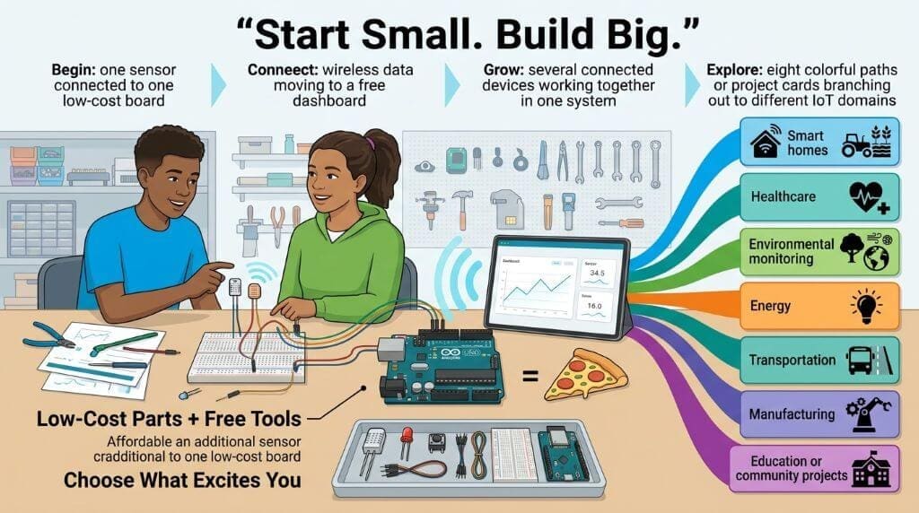 Students building a low-cost IoT project with a sensor, microcontroller board, wireless connection, and free data dashboard
