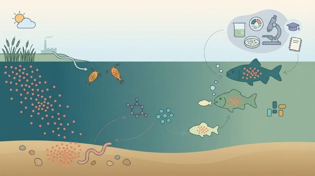 Colorful illustration of contaminants moving from water and sediment through organisms up a food chain to lab research.