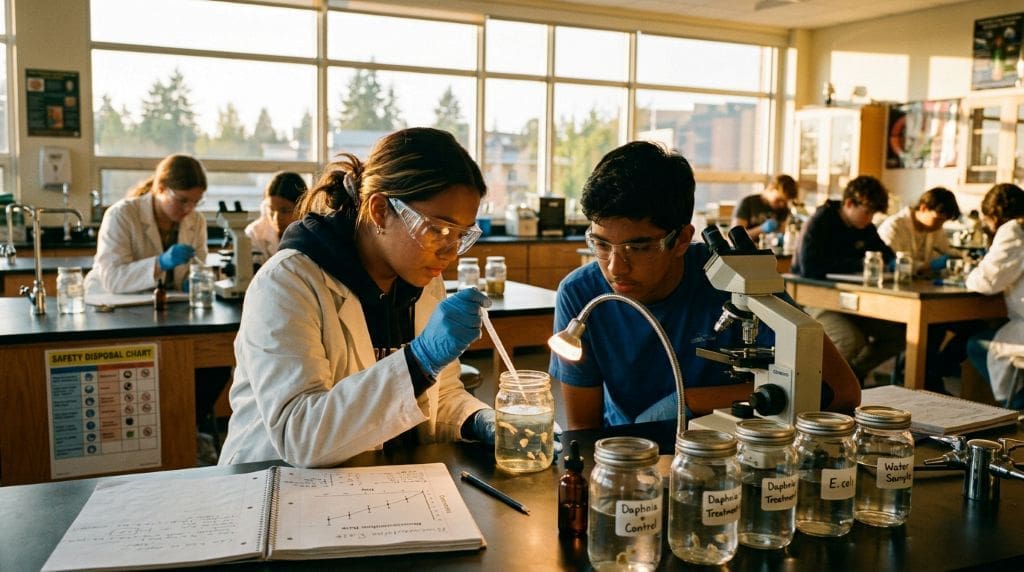 High school students observing a Daphnia jar during a hands-on bioaccumulation lab experiment.