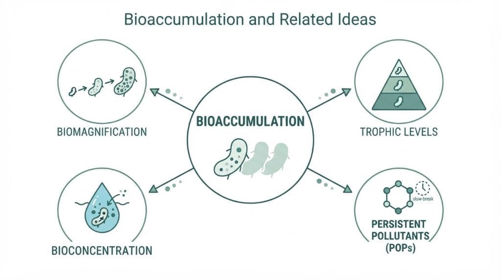 Concept map connecting bioaccumulation to biomagnification, trophic levels, bioconcentration, and POPs.