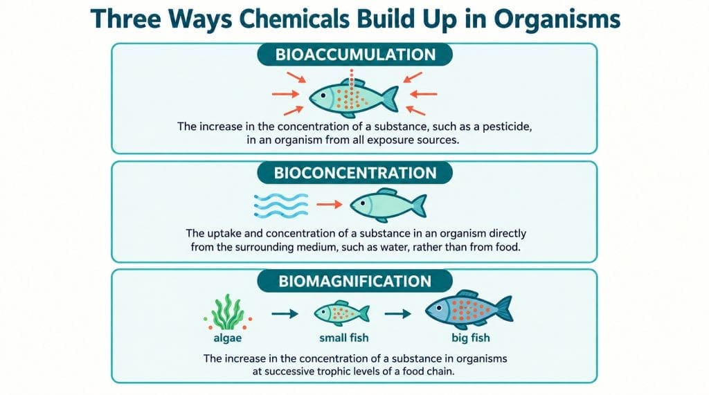 Infographic comparing bioaccumulation, bioconcentration, and biomagnification using simple icons.