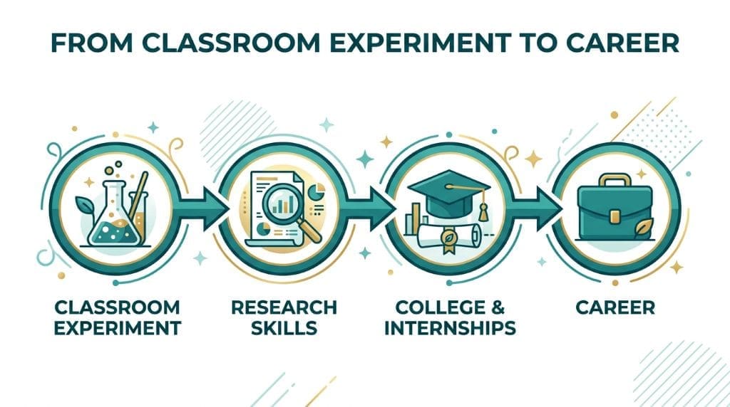 Pathway diagram showing progression from classroom bioaccumulation experiments to environmental science careers.