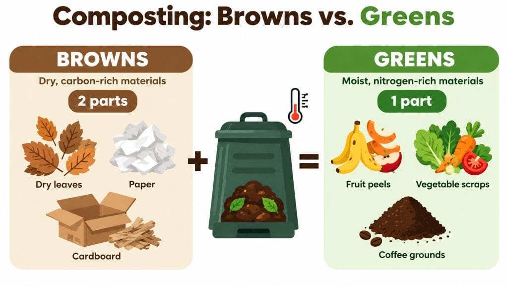 Infographic comparing browns and greens in a two-to-one ratio for a compost bin project.