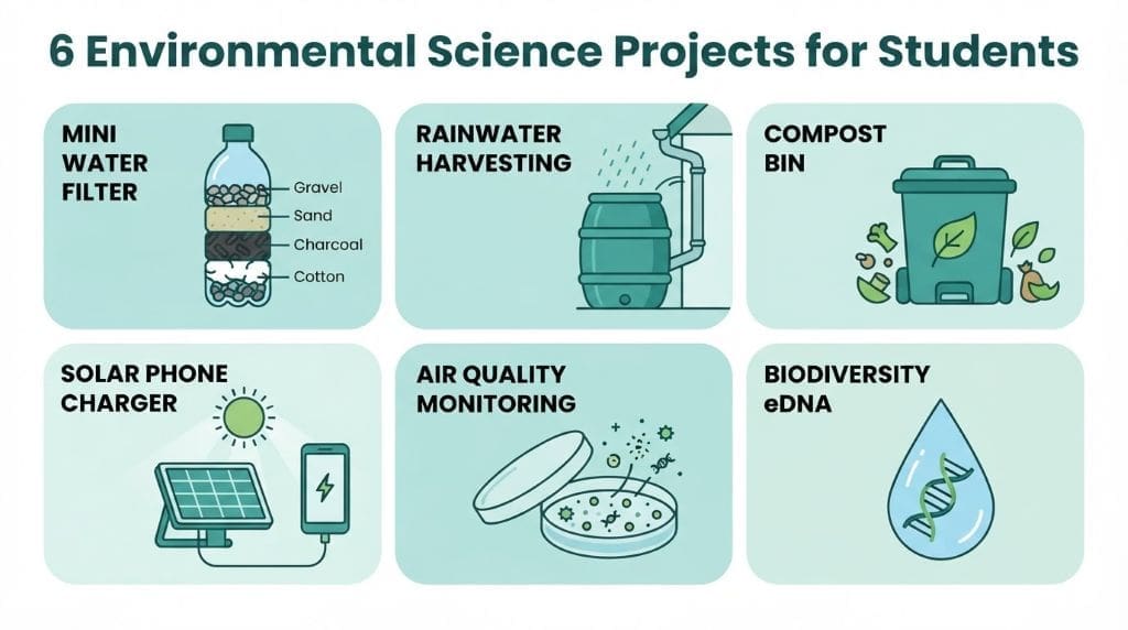 Grid of six environmental science student projects: water filter, rain barrel, compost, solar charger, air monitoring, eDNA.
