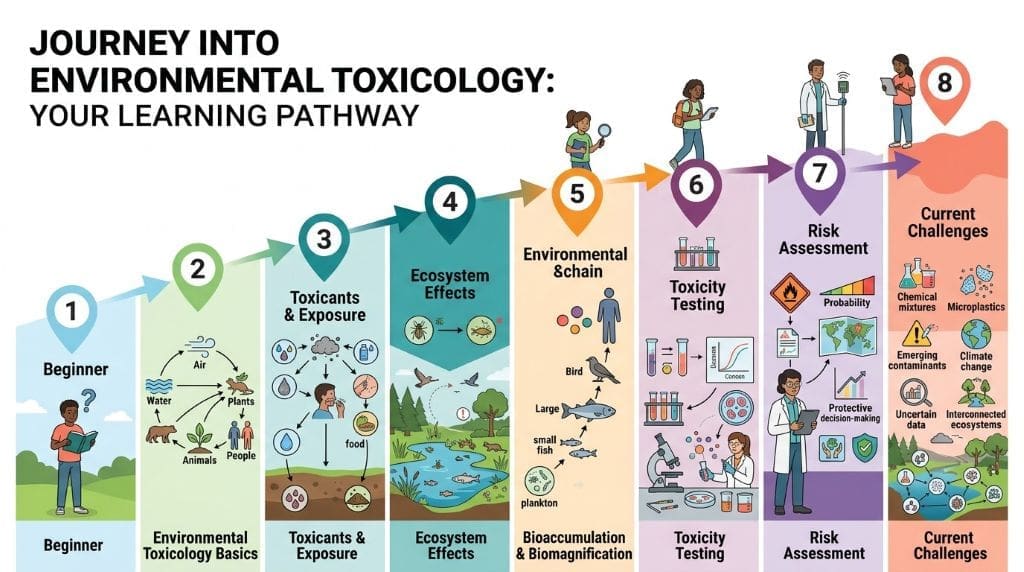 Step-by-step environmental toxicology learning pathway showing toxicants, exposure, ecosystem effects, biomagnification, toxicity testing, risk assessment, and current challenges.