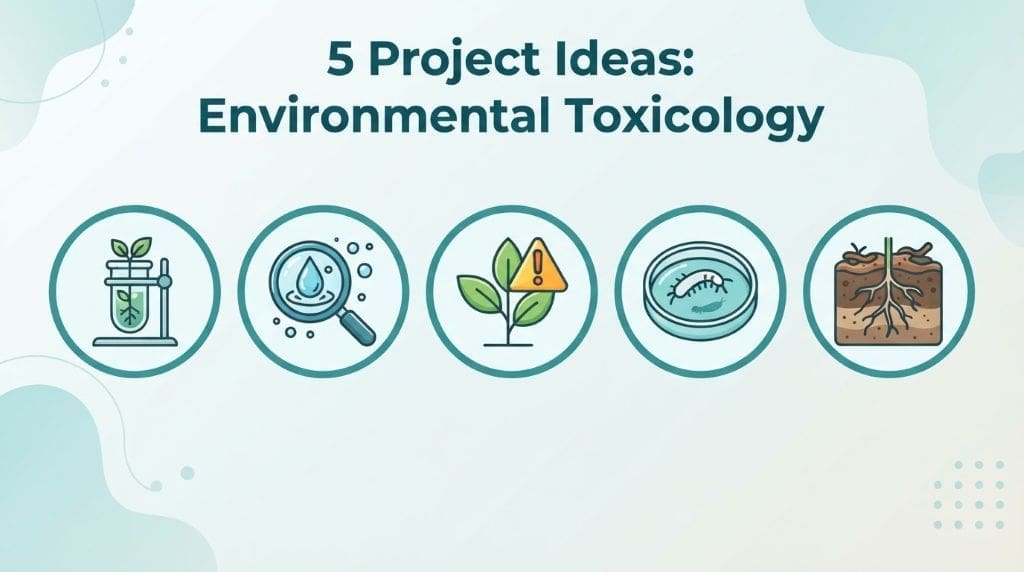 Five icons representing environmental toxicology student projects: testing, water, plants, organisms, soil.