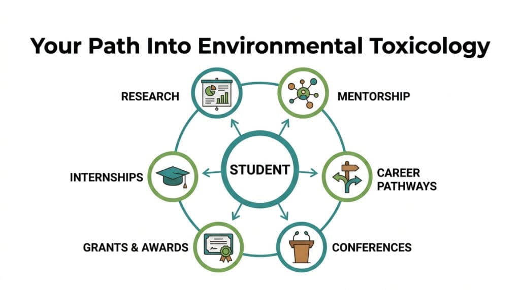 Hub-and-spoke diagram showing a student connected to research, mentorship, career pathways, conferences, grants, and internships.