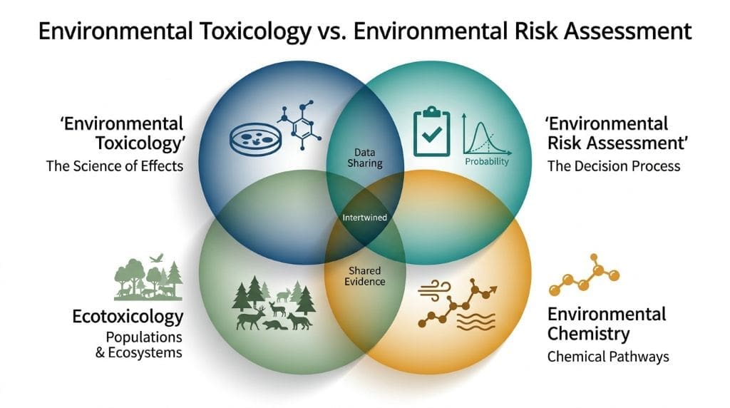 A comparative infographic showing the difference between Environmental Toxicology, Environmental Risk Assessment, Ecotoxicology, and Environmental Chemistry, highlighting their overlapping roles in protecting health and ecosystems.