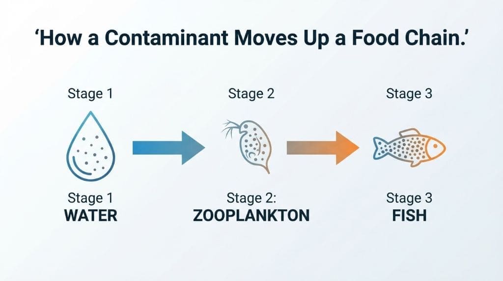 Flowchart showing a contaminant moving from water to zooplankton to fish with increasing concentration.