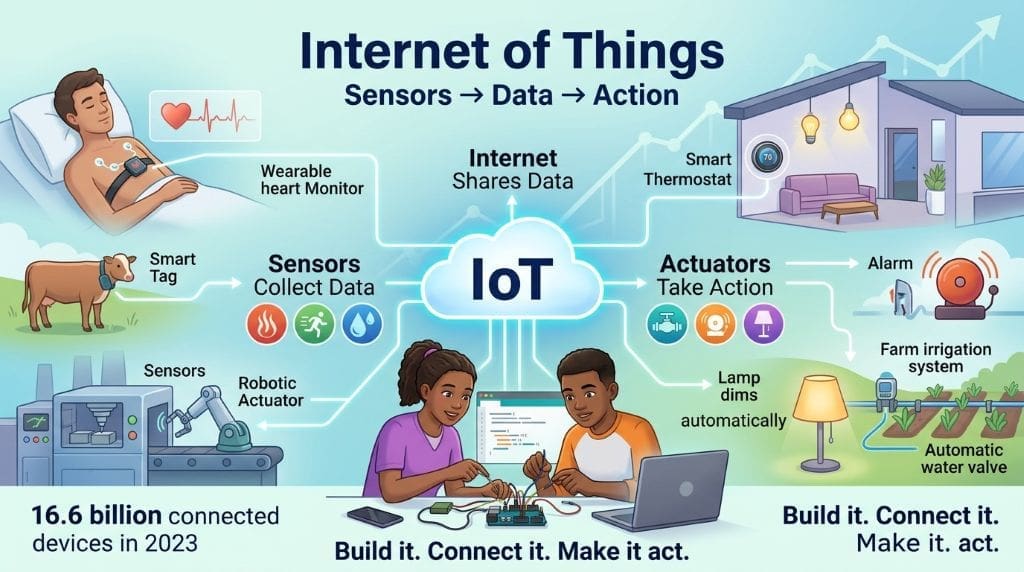 Educational infographic showing how IoT sensors collect data and trigger actions in smart homes, farms, hospitals, and factories