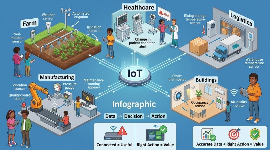 Educational IoT infographic showing smart agriculture, healthcare, logistics, buildings, and manufacturing connected through data, decisions, and physical actions.