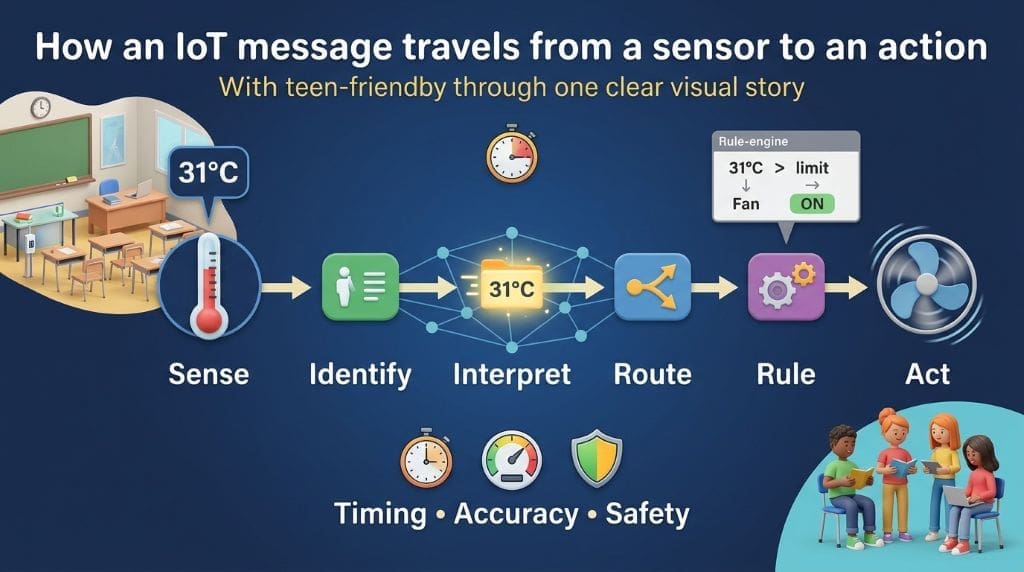 Teen-friendly IoT diagram showing a temperature sensor sending 31 degrees Celsius through identification, routing, and a rule engine to turn on a fan.
