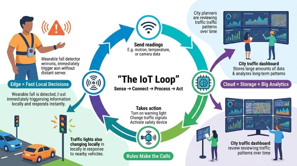 Infographic showing the IoT loop from sensors and connectivity to processing and actuators, with edge and cloud computing