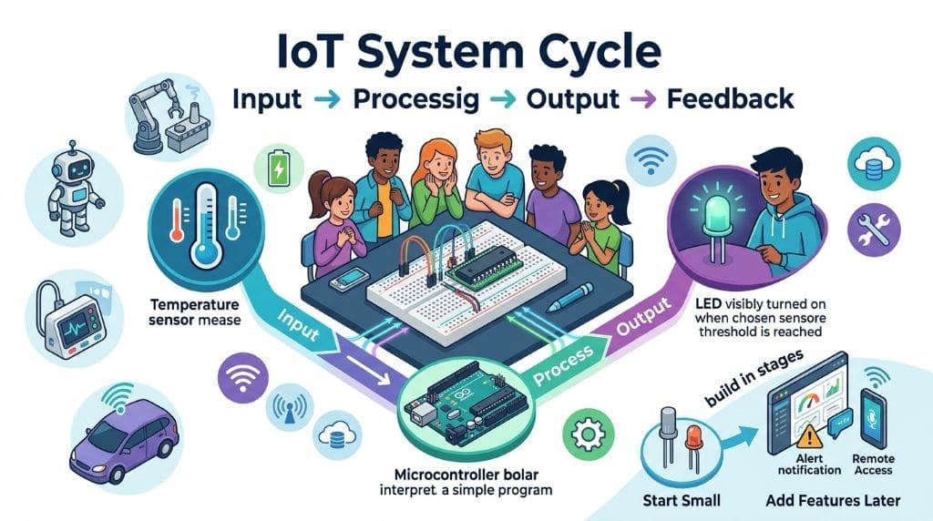 Teen students learning the IoT system cycle with a temperature sensor, microcontroller, LED output, feedback, and staged project features