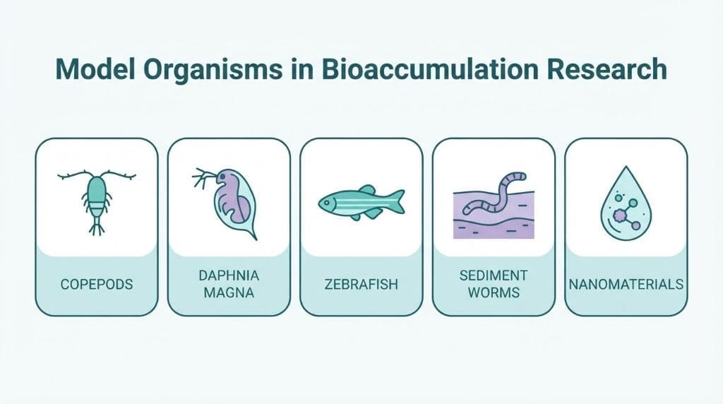 Grid of five model organisms used in bioaccumulation research: copepods, Daphnia, zebrafish, sediment worms, nanomaterials.
