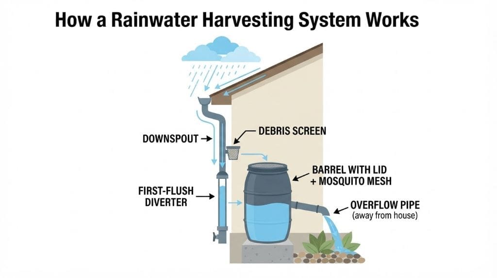 Labeled diagram of a rainwater harvesting system showing downspout, diverter, barrel, and overflow pipe.