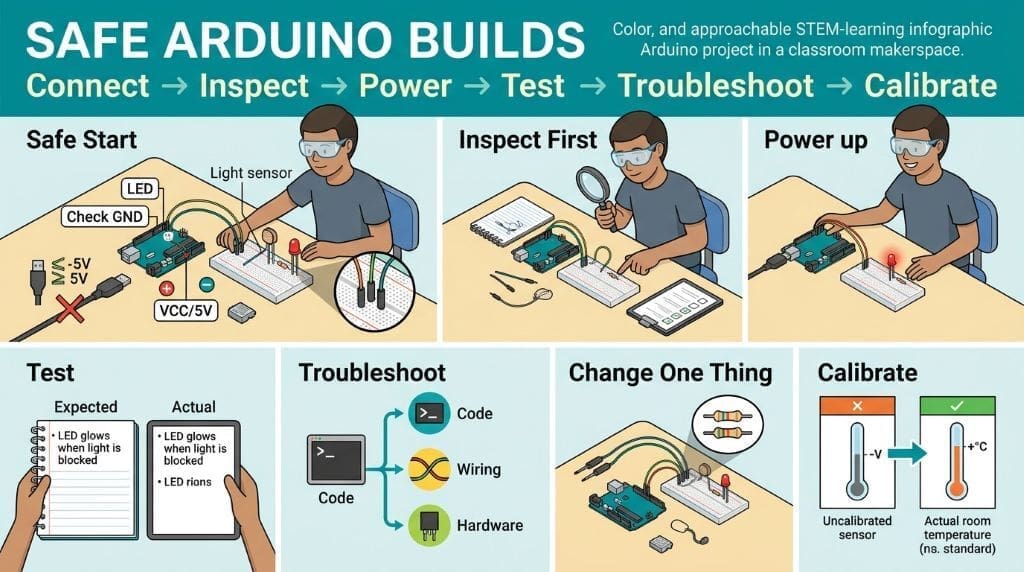 Teen student safely testing a low-voltage Arduino breadboard project with a sensor, LED, ground connection, troubleshooting notes, and calibration