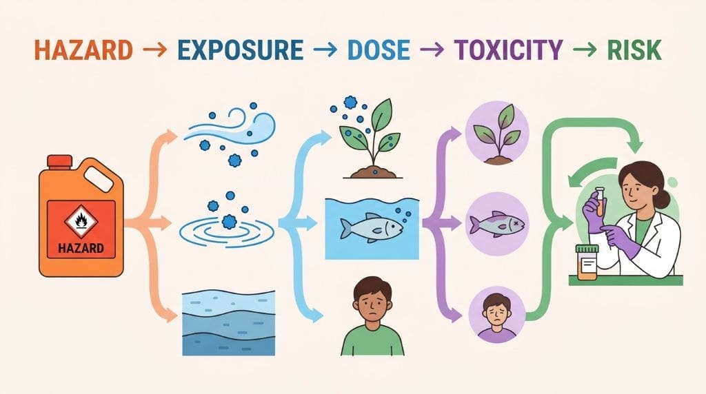 Simple text-free illustration showing pollutants, exposure, dose, toxicity, and risk in environmental toxicology.