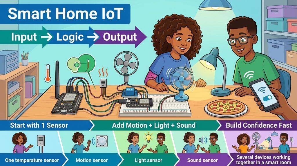 Students building a smart home IoT project with a temperature sensor, relay, desk lamp, fan, and phone app