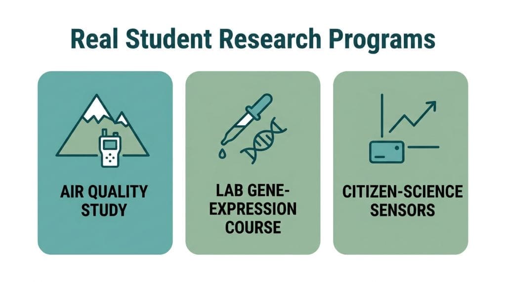 Three panels showing real student research types: air quality study, lab gene-expression course, citizen-science sensors.
