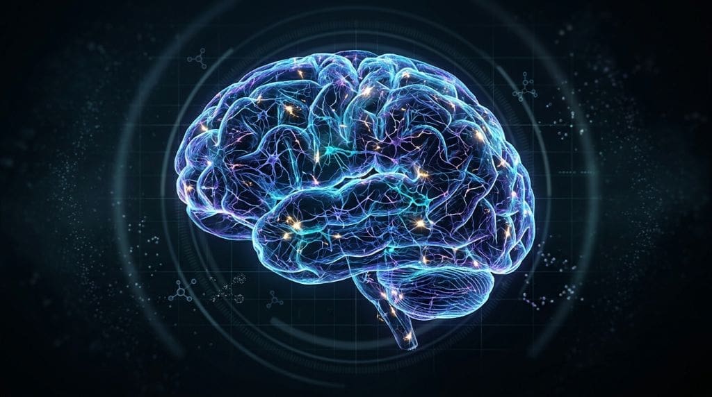 Illustration of a human brain made of glowing neurons representing what is neuroscience
