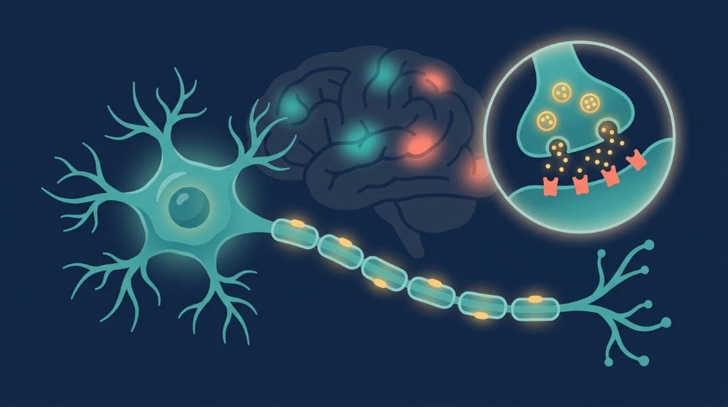 Neuron with a synapse and color-coded brain lobes drawn side by side as study diagrams