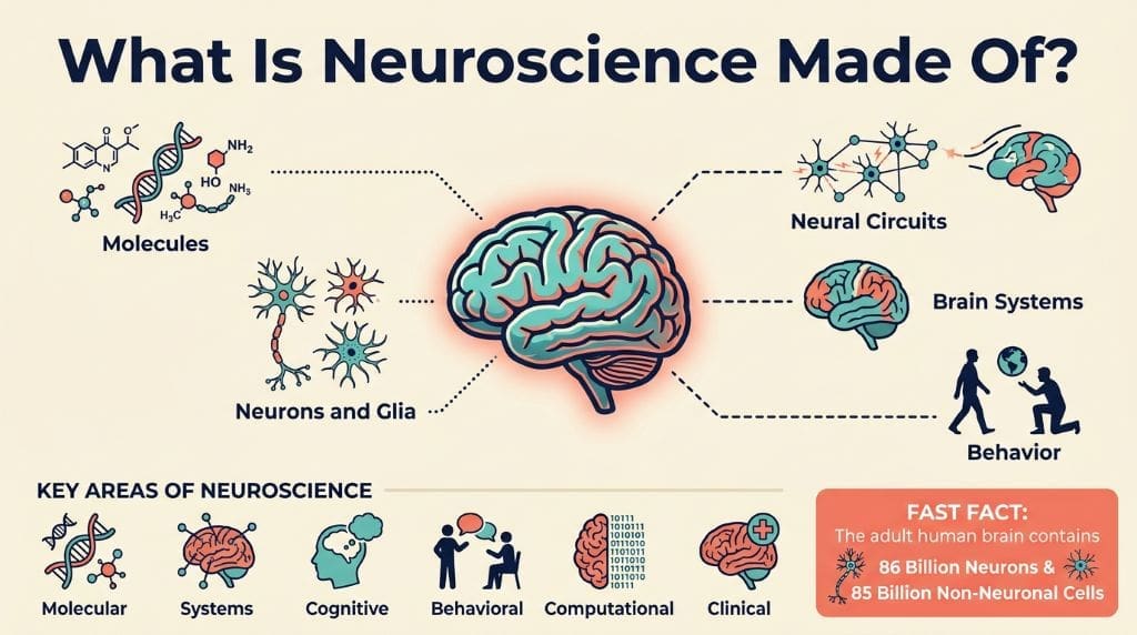 Five icons arranged vertically: an ion channel, neuron, neural circuit, brain, and walking person