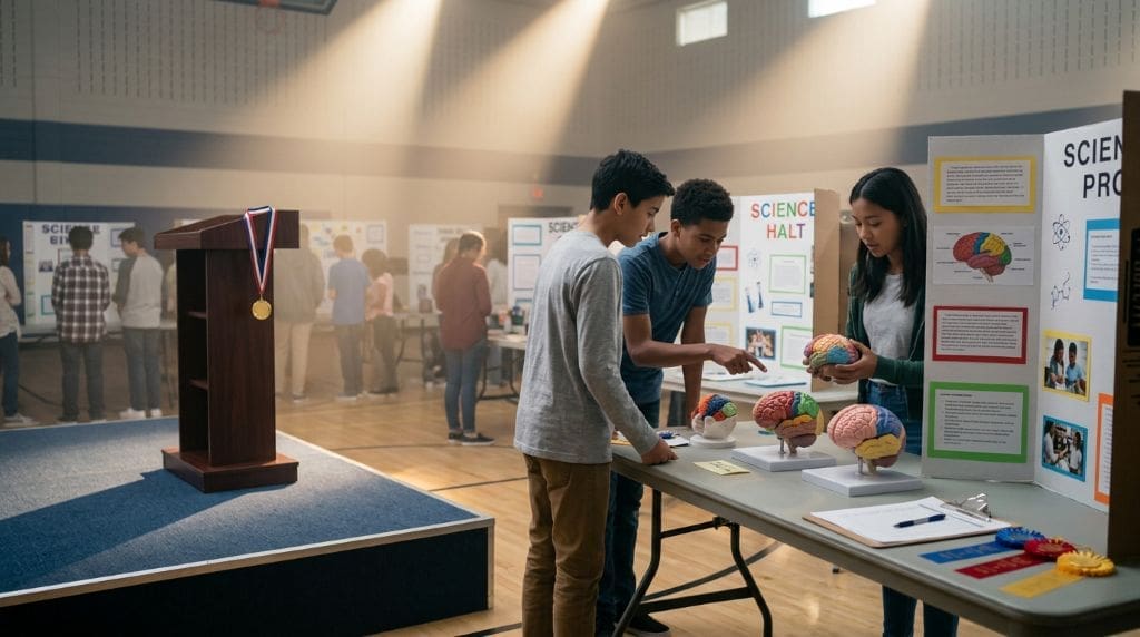 Students presenting brain models at a science competition with a podium and a medal