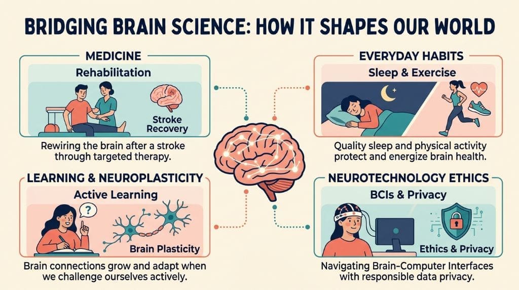 Student, doctor, and headset user showing how neuroscience affects learning, health, and ethics