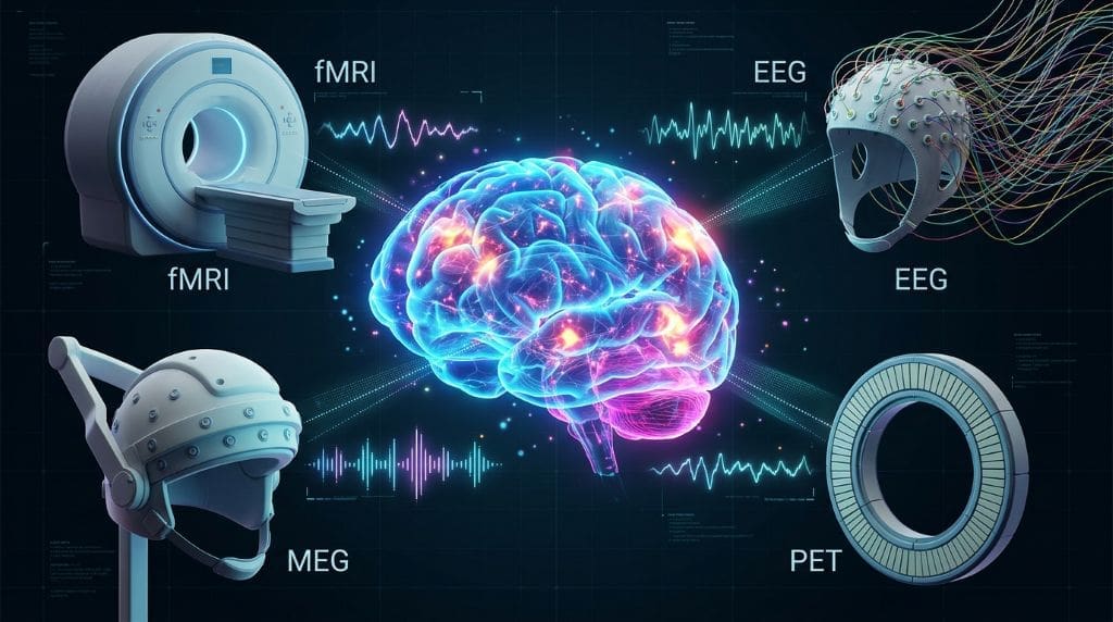 Holographic brain surrounded by an fMRI scanner, EEG cap, MEG helmet, and PET scanner