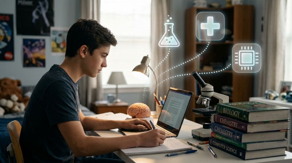 Student at a desk with a laptop, brain model, microscope, and books; lab, hospital, and computer icons above.